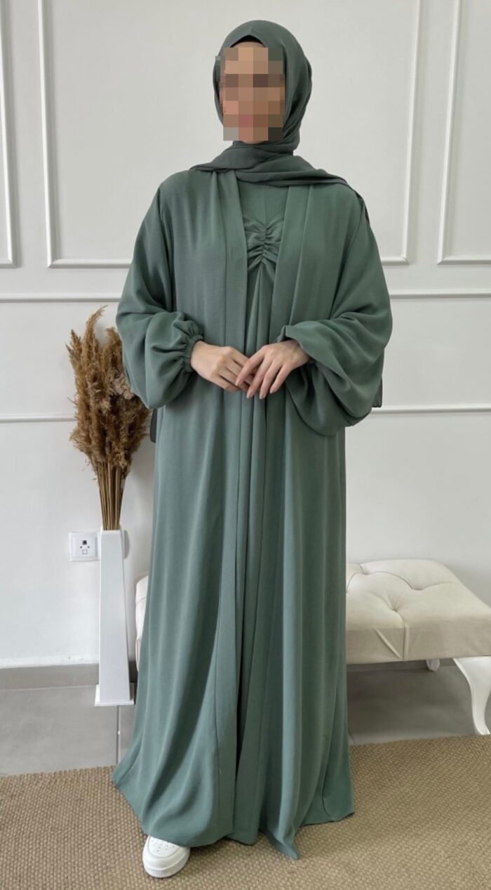 Ensemble Tasnim : Kimono + Abaya vert d’eau